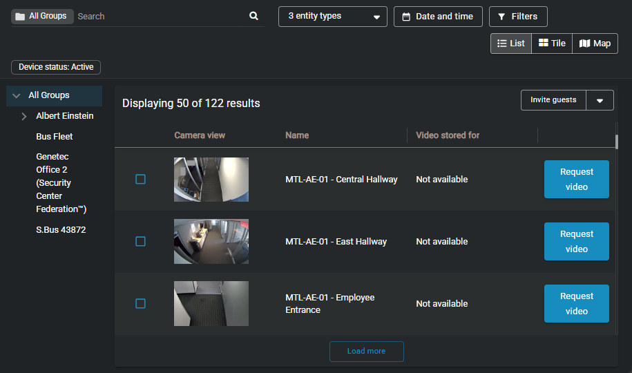 The list view showing the cameras and participants from which video can be requested.