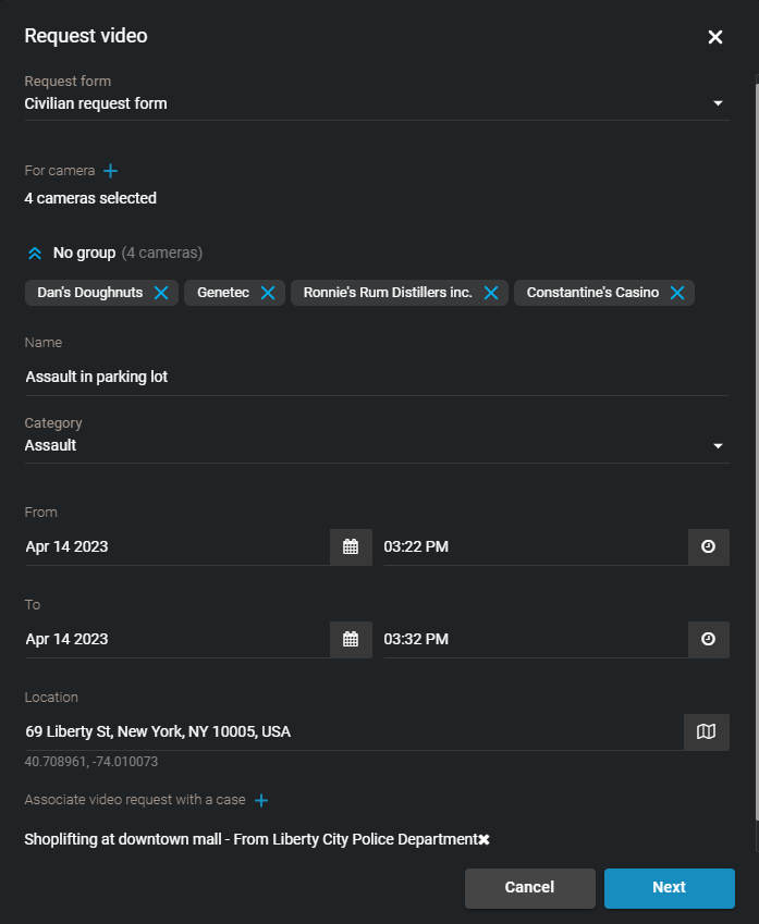 The request form showing form type, identifying fields, time range, location, and case association.