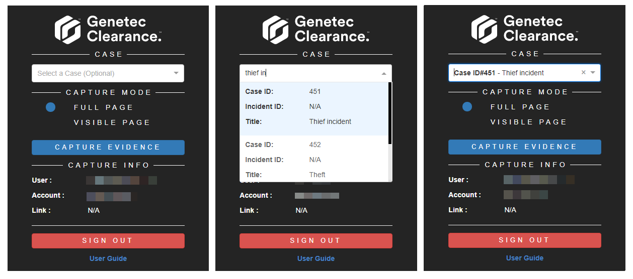 The Genetec Clearance™ Capture workflow showing case selection and user account information.