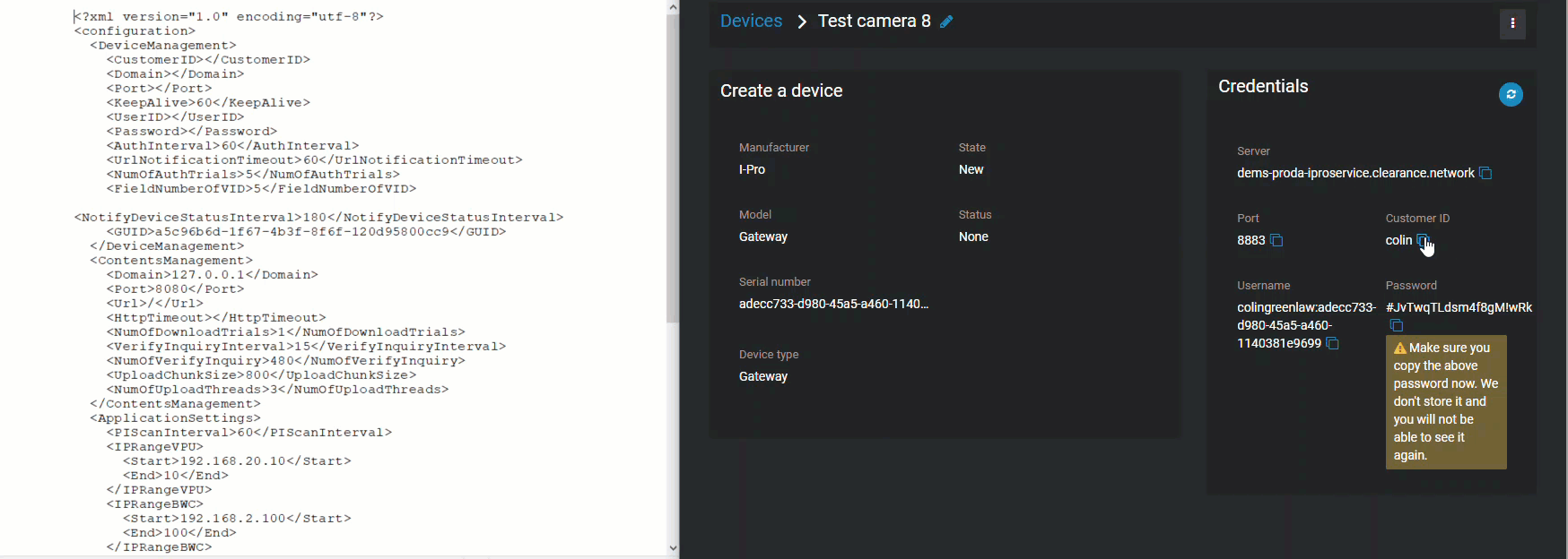 The UEMSLegacyService.xml file with the corresponding credentials in the device page in Clearance shown.