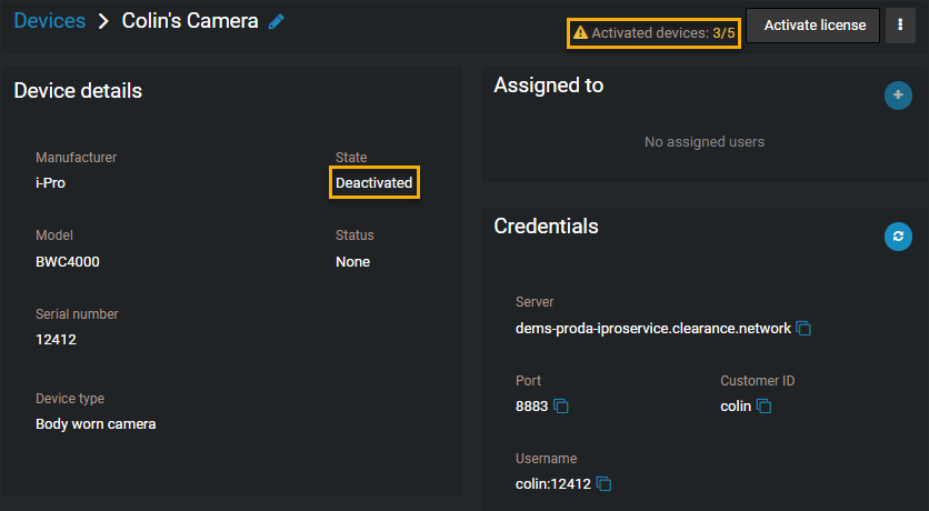 The device page with the number of activated devices and the device state highlighted.