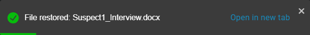 The File restored pop-up, including a file link web address and the option to view the file.