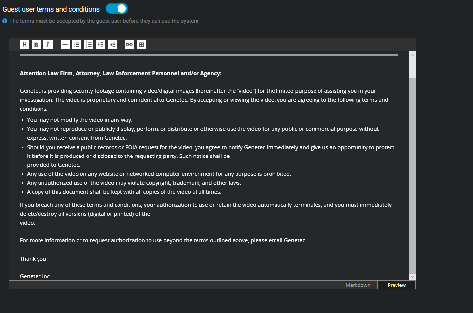 The Guest user terms and conditions section in Clearance with text explaining the terms and conditions guest users must agree to.