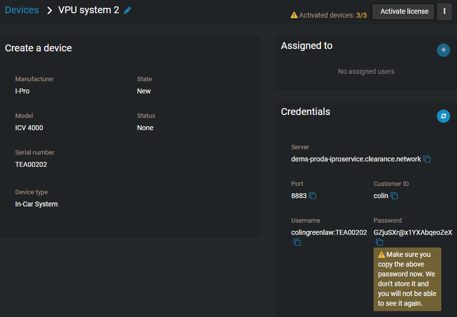 A device in Clearance with the device info, assignments, and credentials displayed.