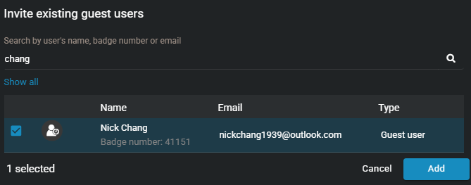 A list of existing guest users that can be invited to create requests.