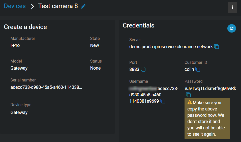 A device in Clearance with the device info, assignments, and credentials displayed.