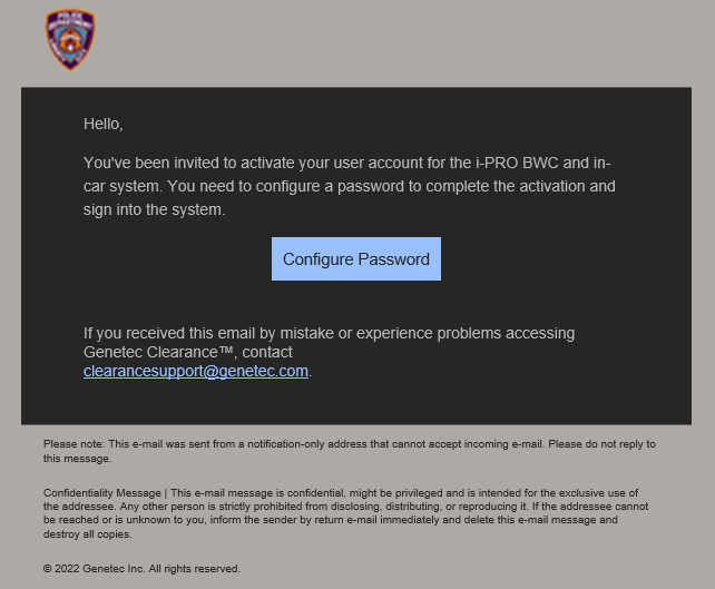 The "activate i-PRO account" Clearance email notification, showing the option to configure a password and complete account activation.
