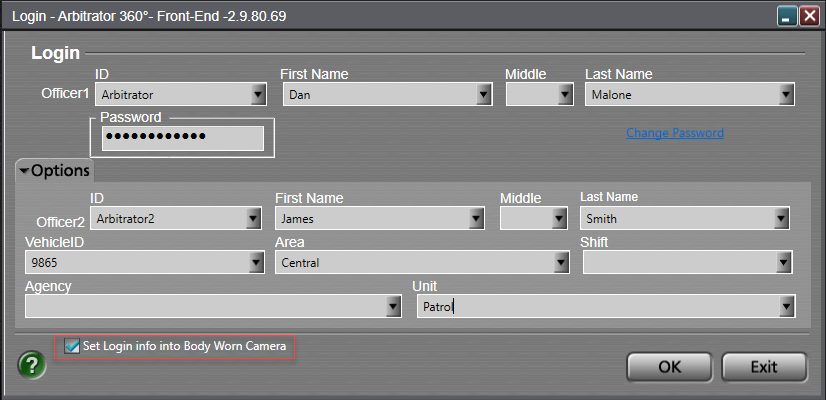 The i-PRO device login page showing credentials with the Set login info into Body Worn Camera check box activated.