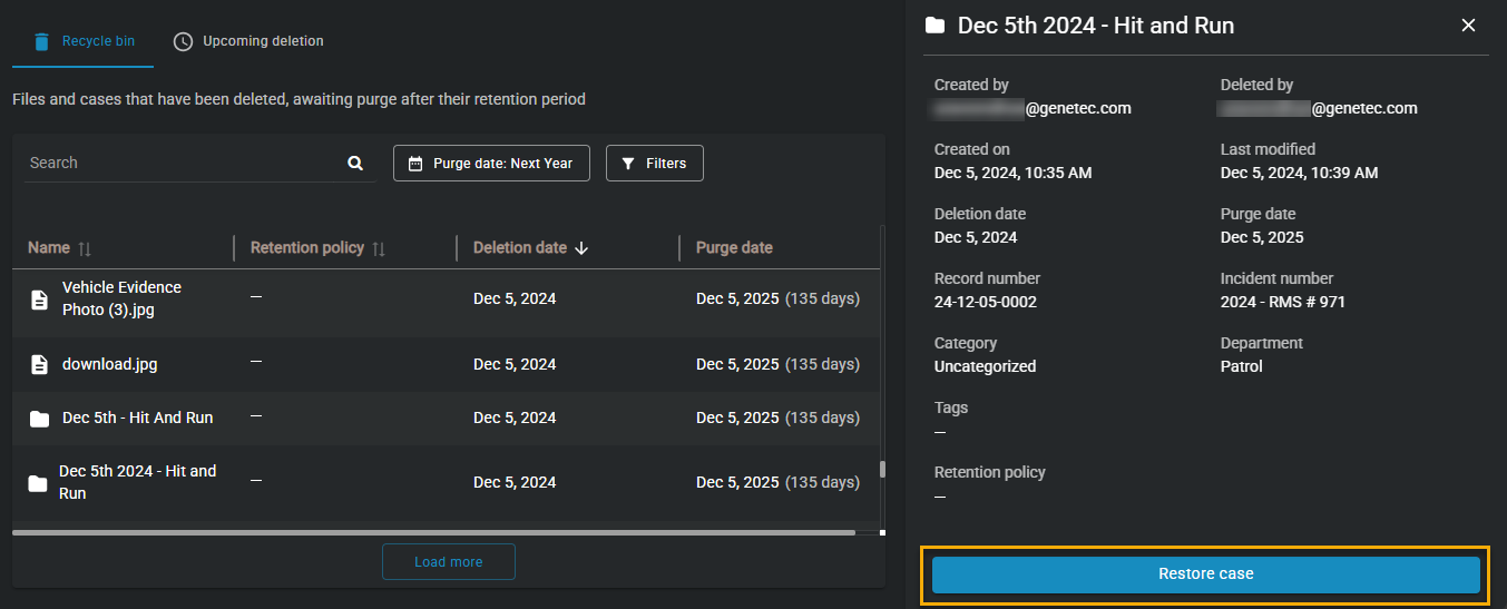 The Recycle bin page showing a list of cases and files that are scheduled to be purged from the system.