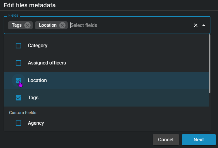 The edit file metadata window showing some fields selected.