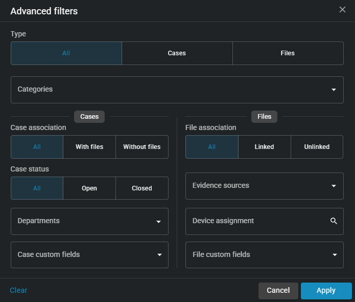 The Advanced filters menu showing filters that can be applied to refine search results.