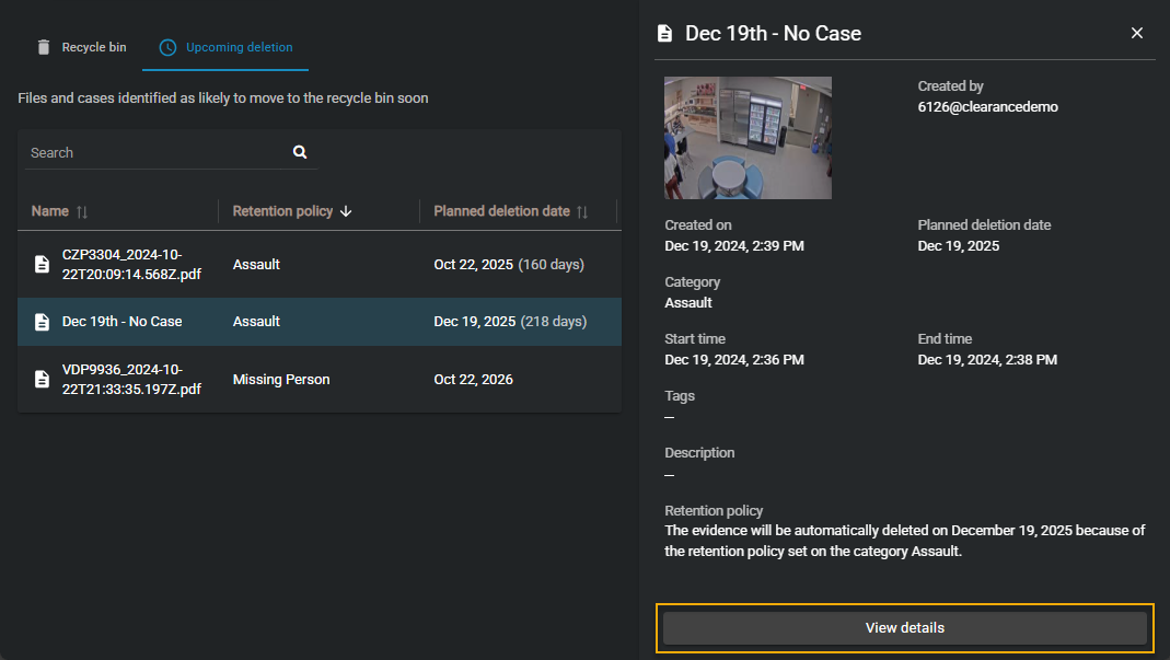 The Upcoming Deletion page showing a list of cases and files that are scheduled to move to the recycle bin.