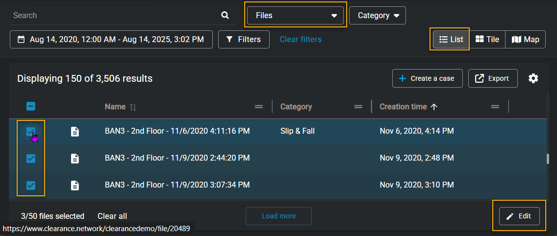 The search page in Clearance showing multiple files selected