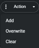 The Action menu in the Edit file metadata window showing the options to add, overwrite, or clear the field.