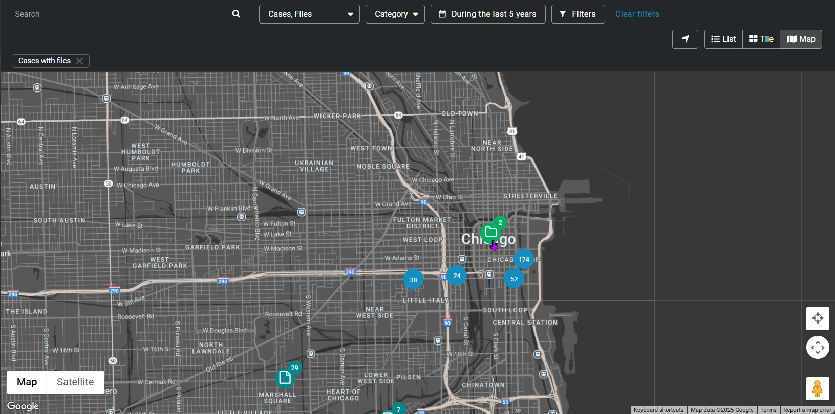 The map view in the Clearance search showing search results filtered by specific criteria.