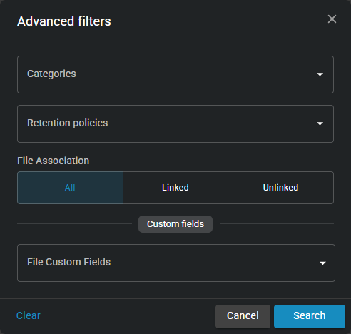 The Advanced filters window showing attributes that can be applied to the list of cases and files.