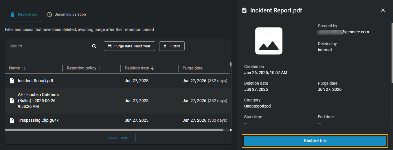 The Recycle bin page showing a list of cases and files that are scheduled to be purged from the system.