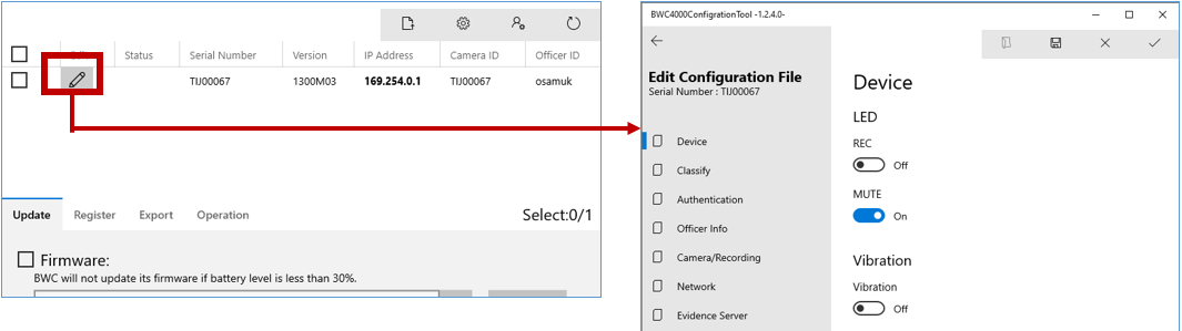 L'outil de configuration BWC 4000 affichant le bouton Modifier.