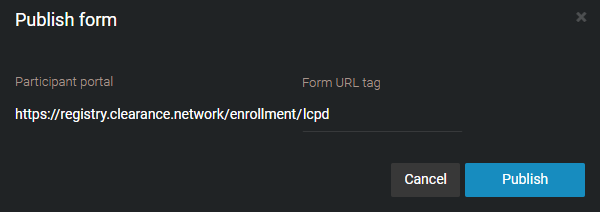 Fenêtre Publier le formulaire dans Clearance affichant l’emplacement du portail des participants et l’URL du formulaire.