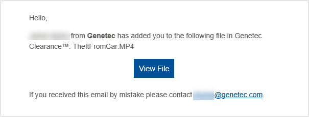 L’e-mail de notification Clearance « Utilisateur ajouté à un dossier » contenant une option pour afficher un fichier ainsi qu’une adresse e-mail de contact