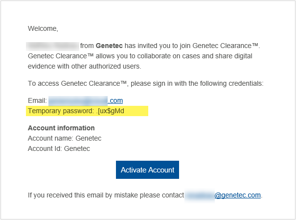 L’e-mail de notification Clearance « Invitation à » contenant des identifiants de connexion et des informations sur le compte.