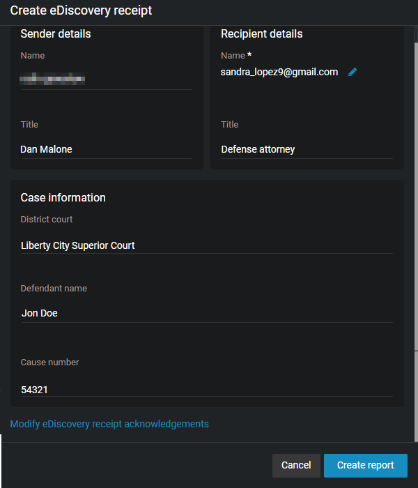 La page de création de reçus eDiscovery affichant des informations sur l’expéditeur et le destinataire, ainsi que des champs d’information sur le dossier.
