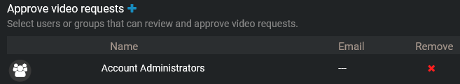 La section Approuver les demandes vidéo affichant une liste d’utilisateurs et de groupes.
