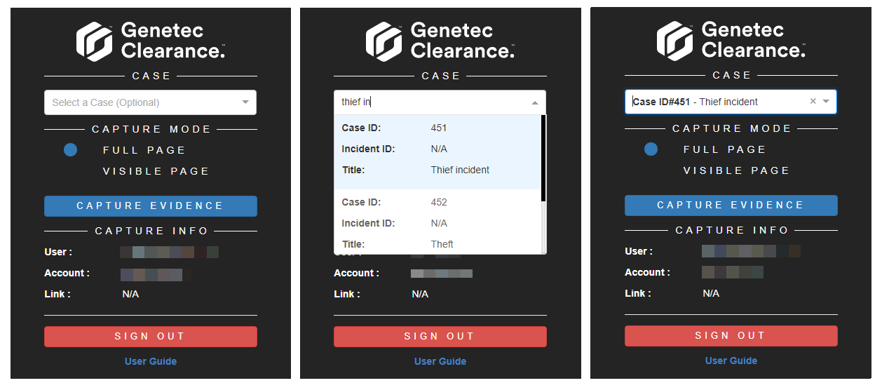 Le processus Genetec Clearance™ Capture affichant des informations de sélection de dossier et de compte utilisateur.