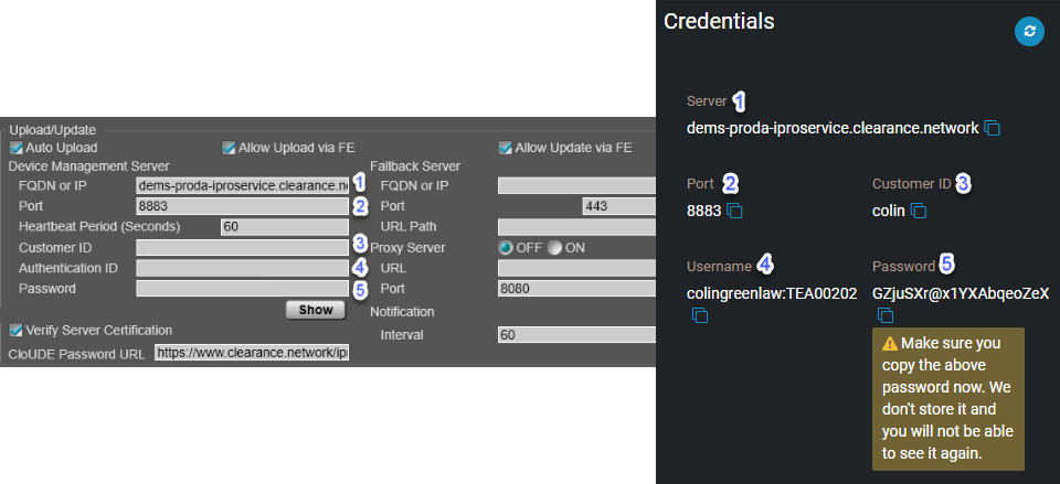 La section Identifiants de la page de l’appareil dans Clearance, avec des numéros indiquant les champs qui doivent être copiés vers l’outil de configuration de l’appareil I-PRO.