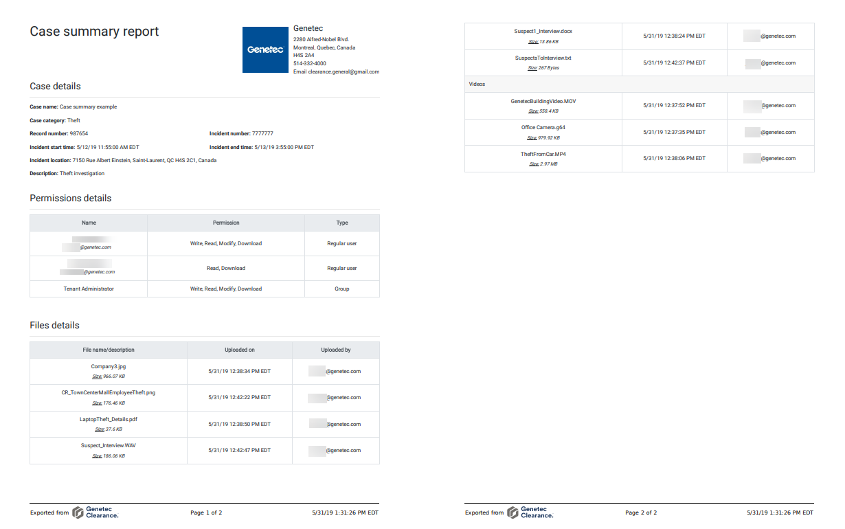 Le rapport de synthèse de dossier au format PDF affichant des informations sur l’organisation et sur le dossier.