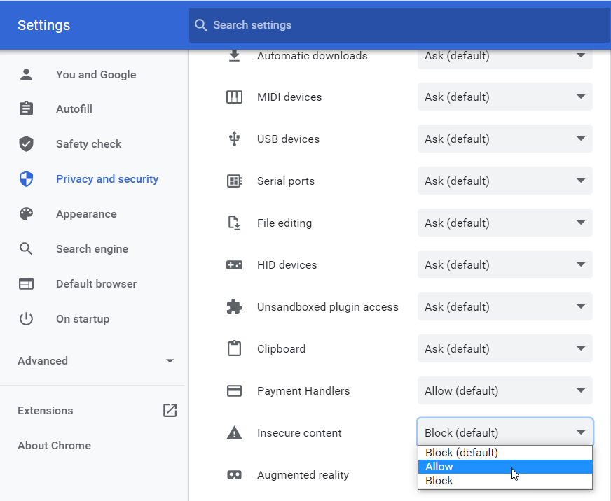 Les réglages de confidentialité et sécurité de Google Chrome, affichant le paramètre Contenu non sécurisé réglé sur Autoriser.