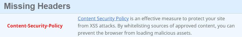 Section En-têtes manquants affichant la règle de sécurité de contenu.
