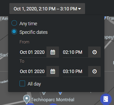 Le menu de sélection horaire avec l'option permettant d'afficher tout, ou d'afficher une date et une heure particulières.