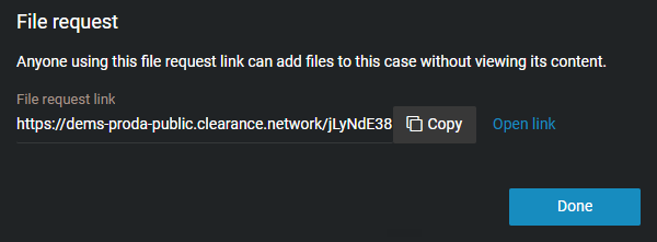 La fenêtre de Lien de demande de fichier affichant le lien, qui peut être ouvert ou copié.