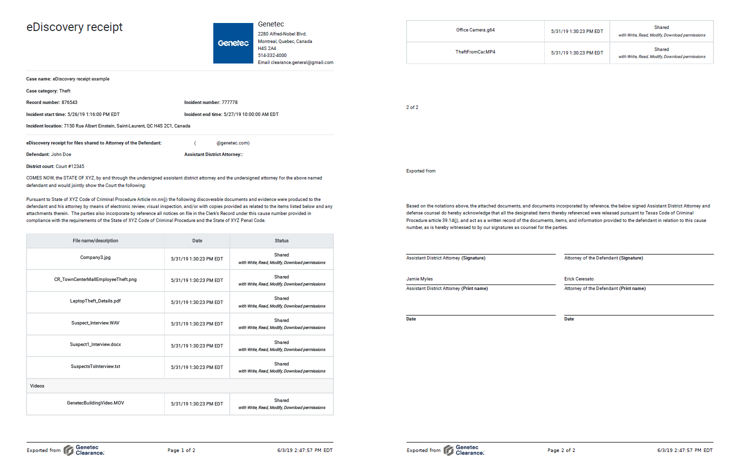 Le reçu eDiscovery au format PDF affichant des informations sur l’organisation et sur le dossier.