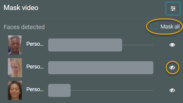 L'onglet Masquer la vidéo de la section Visages détectés, avec l’option Tout masquer sélectionnée.