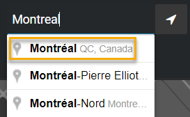 La zone de localisation affichant la ville de Montréal.
