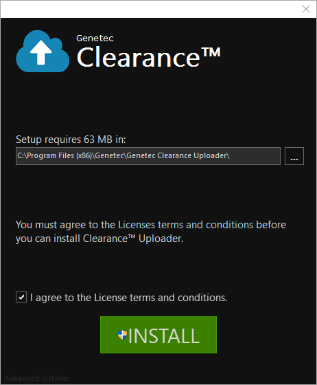 La page Installation de Clearance Uploader affichant le chemin de fichier d’installation du programme.