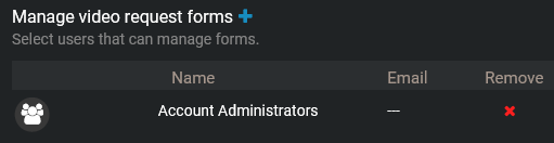 La section Gérer les formulaires de demandes vidéo avec la liste des personnes incluses dans la règle.