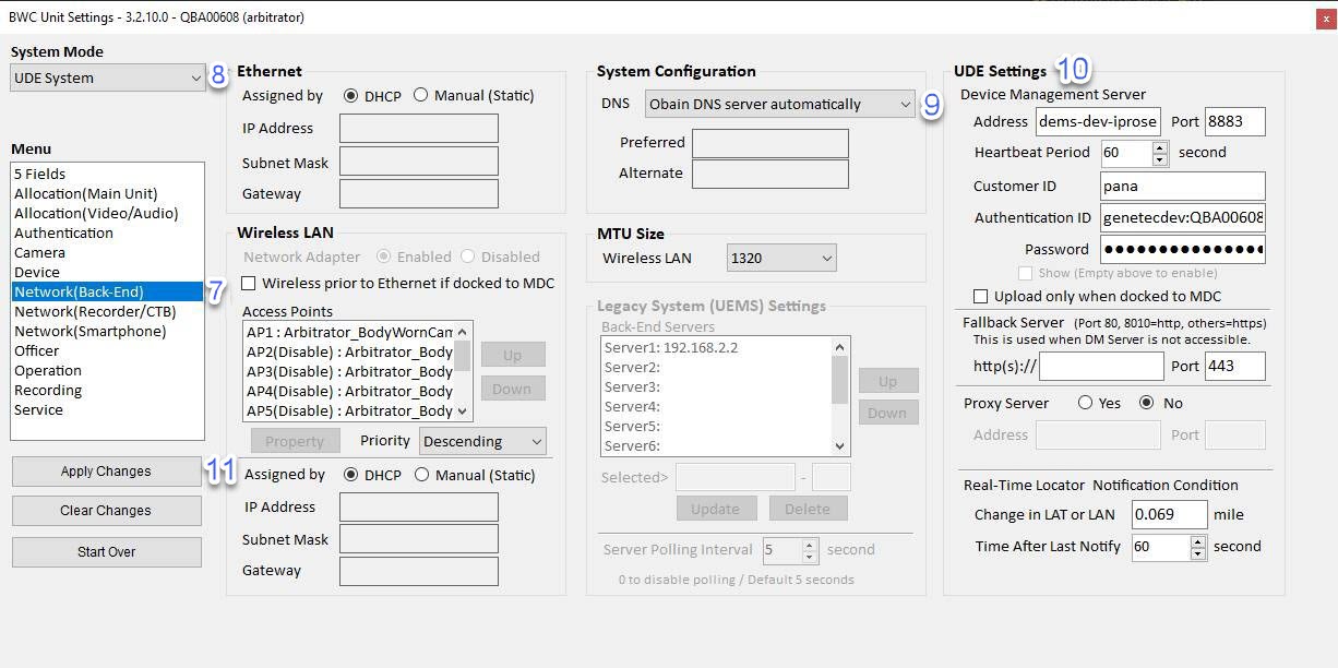 L'outil de configuration I-PRO BWC avec des numéros indiquant les réglages qui doivent être configurés.