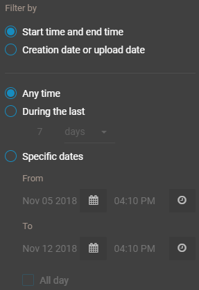 Boîte de dialogue Filtrer par avec options de date et d'heure