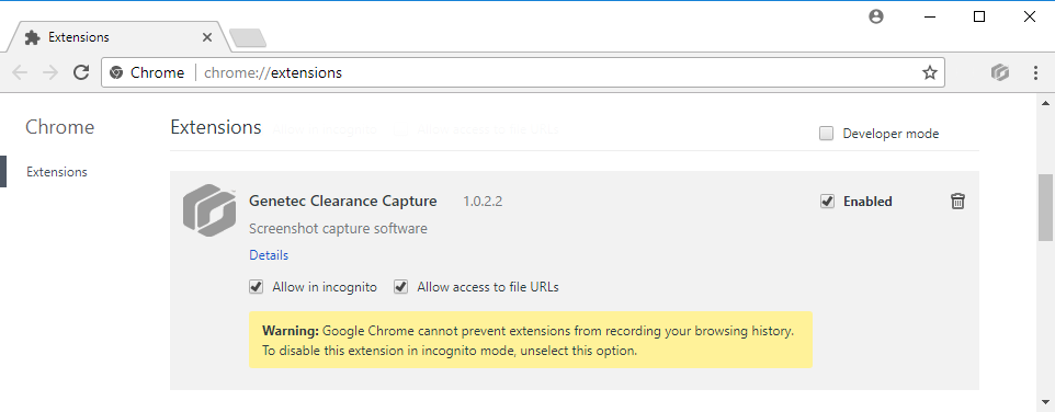 La page Extensions de Google Chrome affichant Genetec Clearance™ Capture.