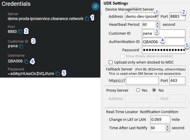 La section Identifiants de la page de l’appareil dans Clearance, avec des numéros indiquant les champs qui doivent être copiés vers l’outil de configuration de l’appareil I-PRO BWC.