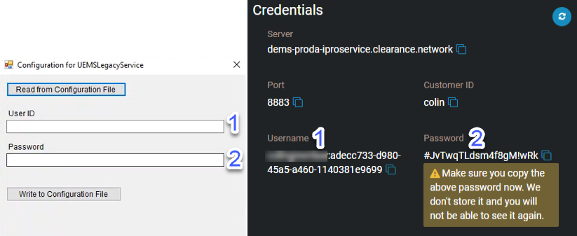 L'outil de configuration i-PRO affichant le nom d'utilisateur et le mot de passe correspondants dans la section Identifiants de la page Appareils dans Clearance.